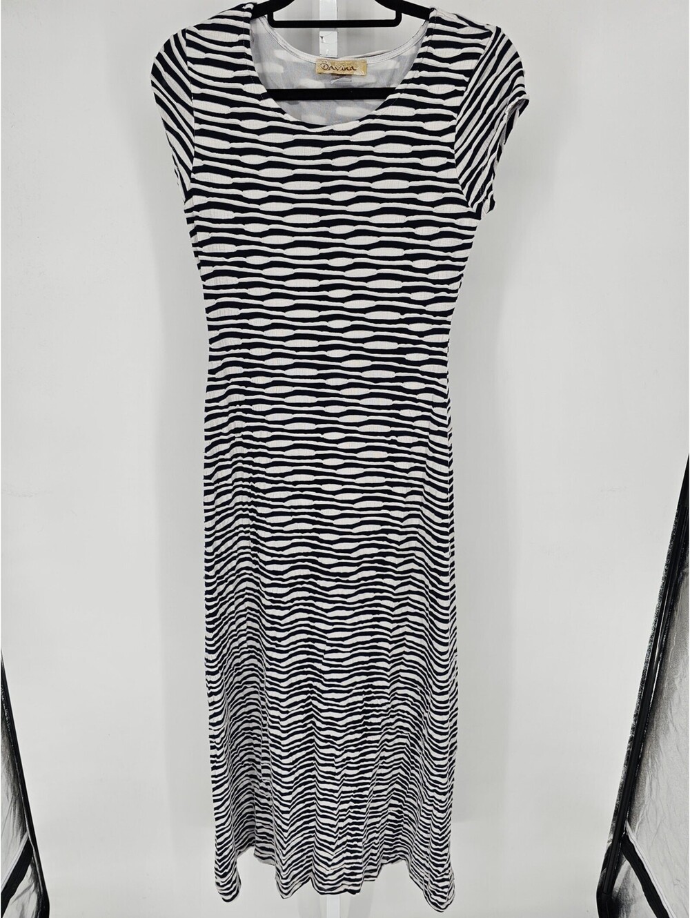 Vintage Y2K Davina Womens Sz M Maxi Length Dress Blue White Short Sleeve